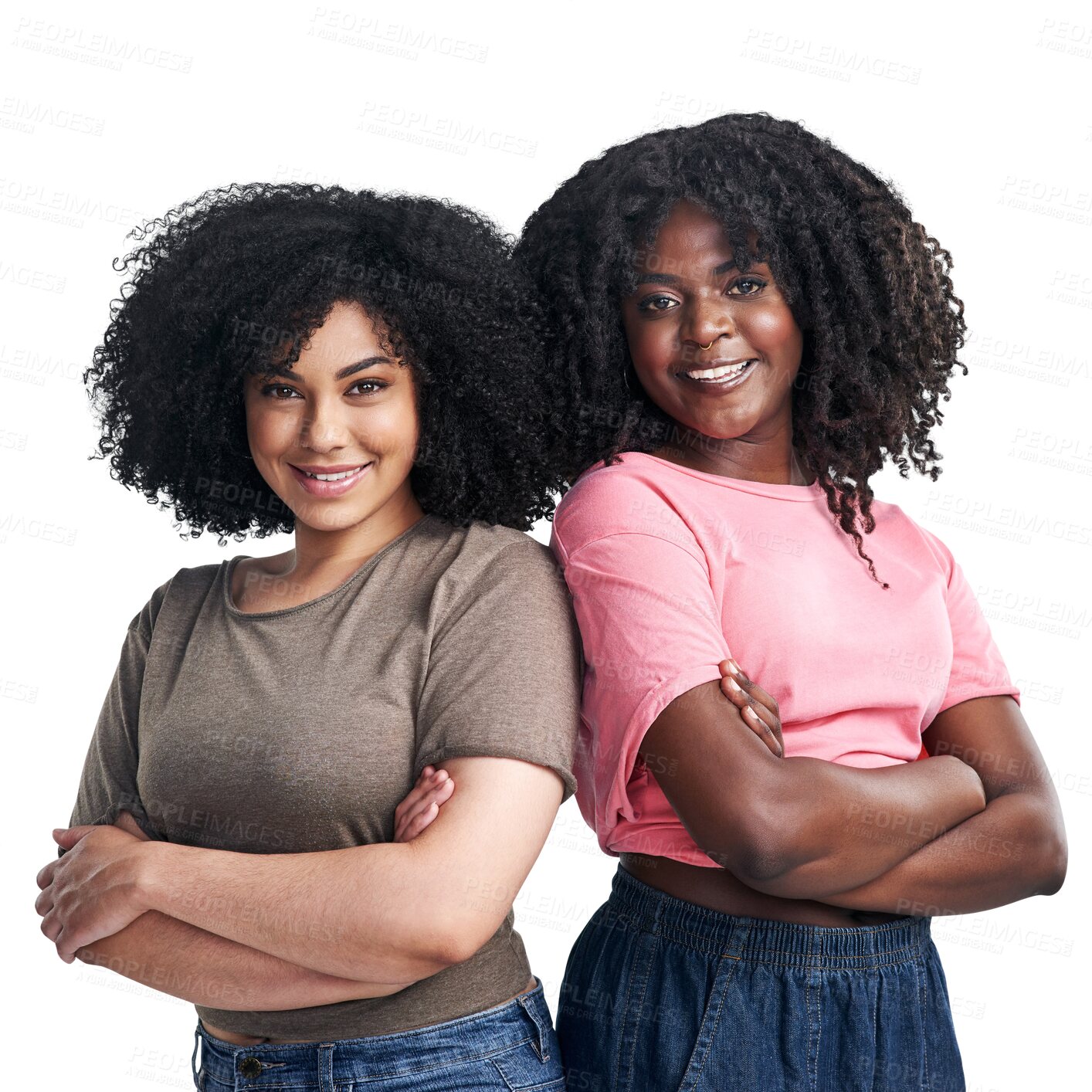 Buy stock photo Isolated, women together and afro with arms crossed, portrait or solidarity on transparent png background. Gen z girl students, black woman and support with smile, teamwork or partner for empowerment