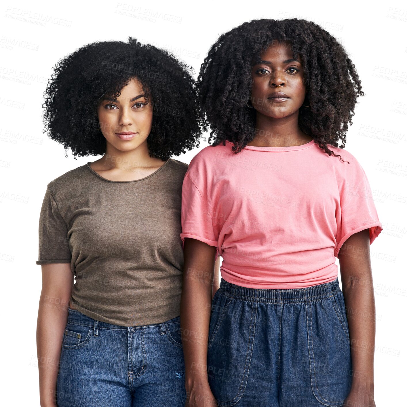 Buy stock photo Black woman, portrait and afro with serious face standing isolated on a transparent PNG background. African women, diverse or people together in casual fashion, confidence or proud for diversity