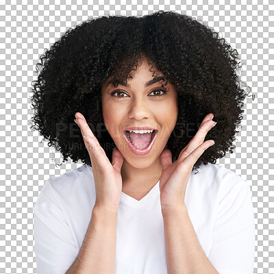 Buy stock photo Wow, beauty and afro in portrait with woman in png with isolated background and transparent in africa. Happy, face and surprise with curly hair for growth with cosmetics and healthy glow for texture.