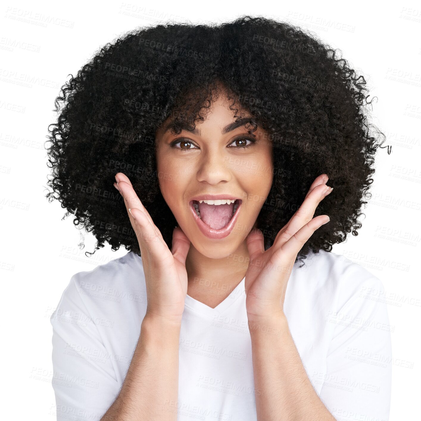 Buy stock photo Wow, beauty and afro in portrait with woman in png with isolated background and transparent in africa. Happy, face and surprise with curly hair for growth with cosmetics and healthy glow for texture.