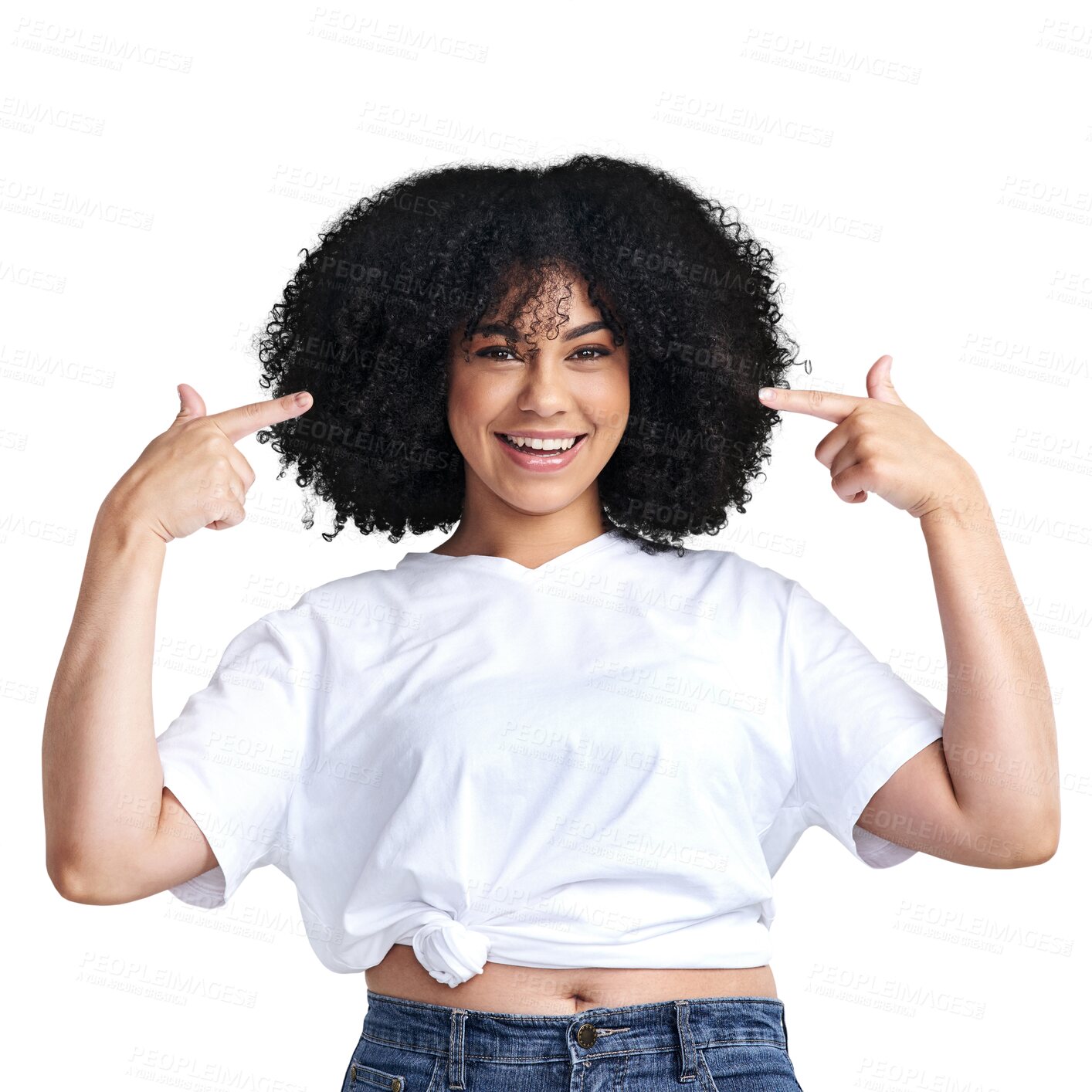 Buy stock photo Beauty, woman and afro with smile and haircare in png with transparent and isolated background in africa. Face, curly and hairstyle for growth or luxury treatment with confidence and pointing. 