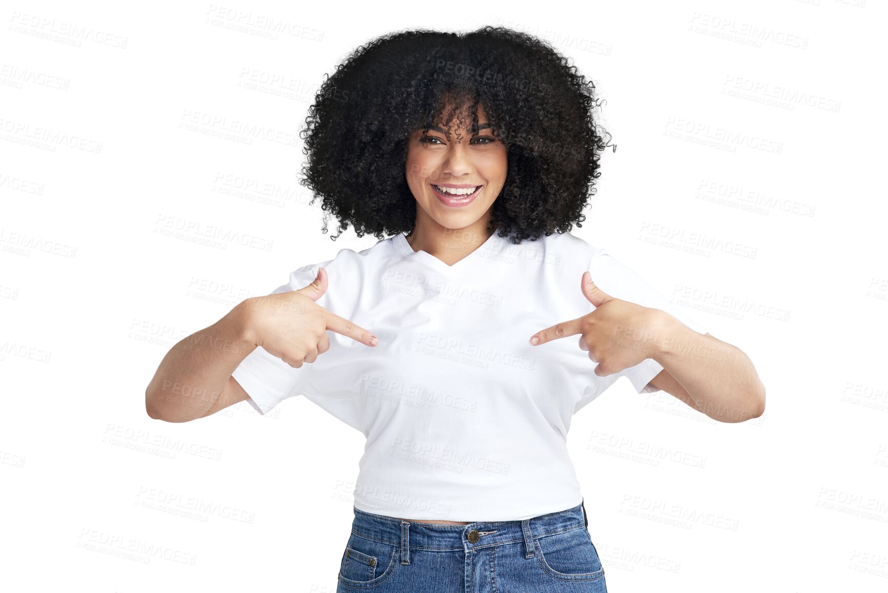 Buy stock photo Happy woman, portrait smile and afro pointing in fashion standing isolated on a transparent PNG background. Excited female person with curly hair or finger point in pride or proud for casual clothing