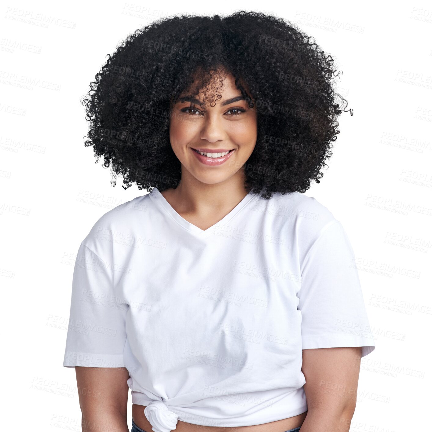 Buy stock photo Hair, smile and afro with woman in portrait in africa with png for isolated and transparent background. Beauty, texture and happy face or curly hairstyle with growth for luxury treatment with glow.