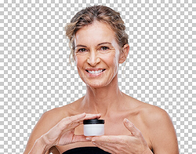 Buy stock photo Face cream, mature or portrait of happy woman with beauty isolated on transparent png background. Dermatology products, smile or senior person with facial glow, skincare. lotion cosmetics or wellness