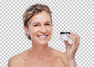 Buy stock photo Face cream, senior or portrait of happy woman with beauty isolated on transparent png background. Dermatology products, smile or mature person with facial glow, skincare. lotion cosmetics or wellness