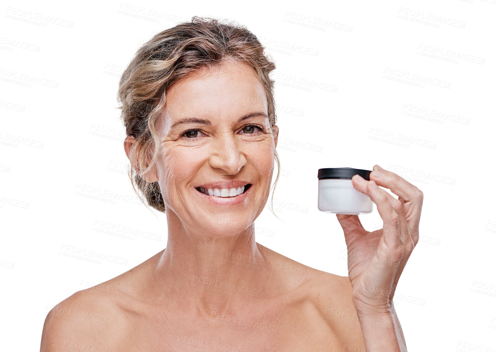 Buy stock photo Face cream, senior or portrait of happy woman with beauty isolated on transparent png background. Dermatology products, smile or mature person with facial glow, skincare. lotion cosmetics or wellness