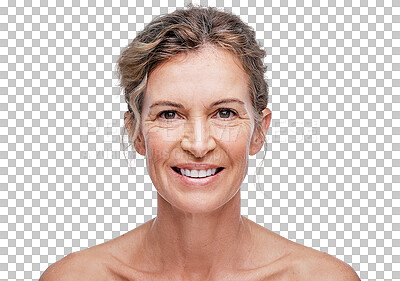 Buy stock photo Natural, senior or portrait of happy woman with beauty or self love isolated on transparent png background. Dermatology, face or confident mature person with facial glow, smile or skincare cosmetics 