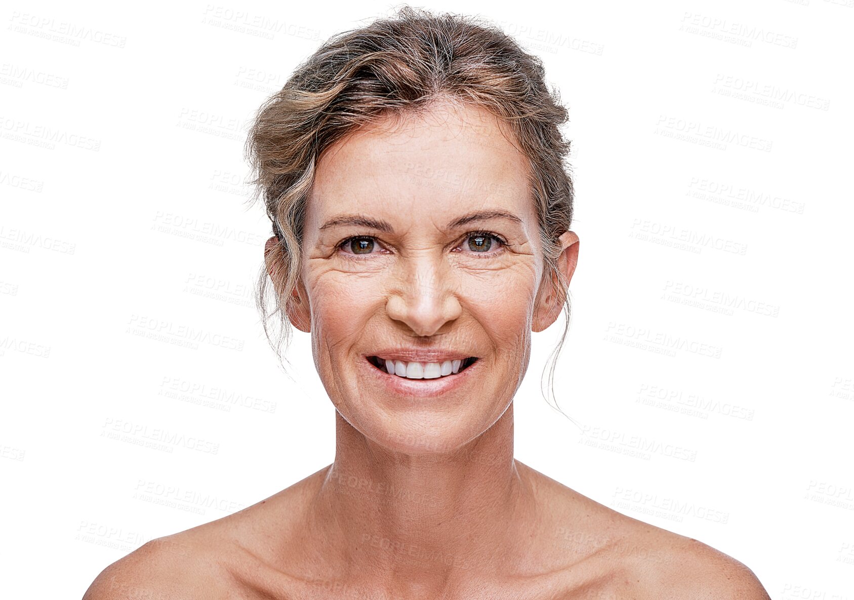 Buy stock photo Natural, senior or portrait of happy woman with beauty or self love isolated on transparent png background. Dermatology, face or confident mature person with facial glow, smile or skincare cosmetics 