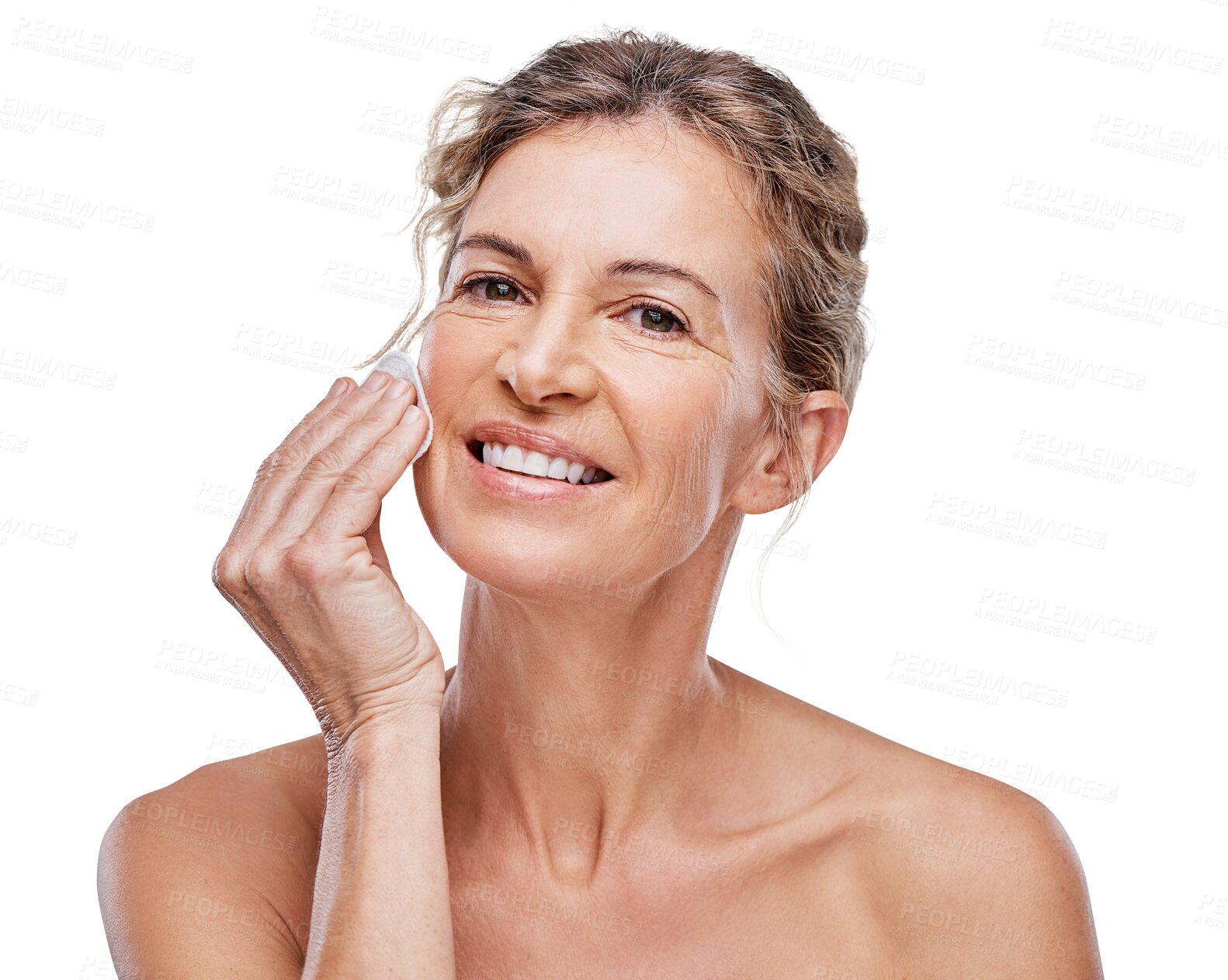 Buy stock photo Cotton pad, senior or portrait of happy woman with beauty hygiene isolated on transparent png background. Make up removal, face or mature person cleaning with facial glow, smile or skincare cosmetics