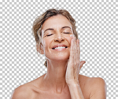 Buy stock photo Face cream, relax or mature woman with beauty, smile or self love isolated on transparent png background. Dermatology, sunscreen or happy senior lady with facial skincare cosmetics, lotion or product