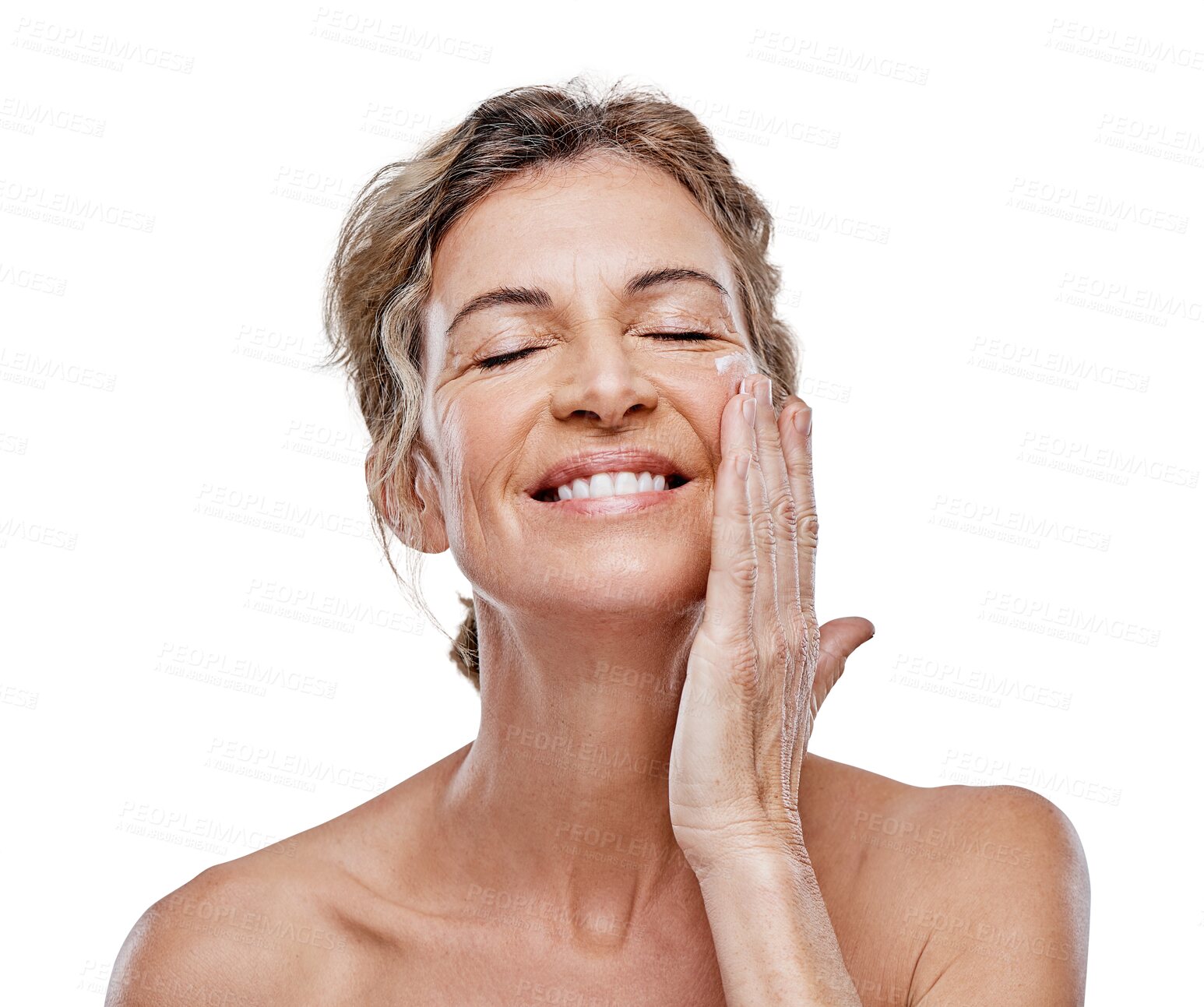 Buy stock photo Face cream, relax or mature woman with beauty, smile or self love isolated on transparent png background. Dermatology, sunscreen or happy senior lady with facial skincare cosmetics, lotion or product