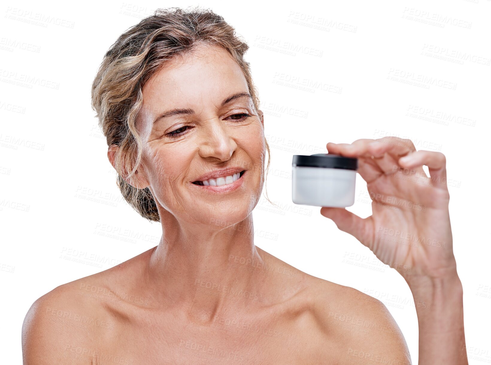Buy stock photo Face cream, senior or happy woman with skincare or beauty isolated on transparent png background. Dermatology product, smile or mature person with facial glow, creme cosmetics or sunscreen lotion