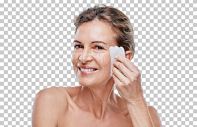 Buy stock photo Happy woman, portrait smile and gua sha for skincare anti aging isolated on a transparent PNG background. Face of elderly female person smiling in facial treatment, healing or massage skin for beauty