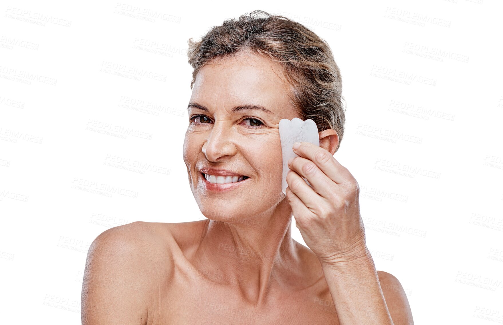 Buy stock photo Happy woman, portrait smile and gua sha for skincare anti aging isolated on a transparent PNG background. Face of elderly female person smiling in facial treatment, healing or massage skin for beauty