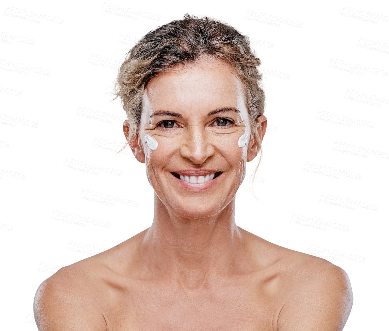 Buy stock photo Happy woman, portrait smile and skincare cream on face for dermatology isolated on a transparent PNG background. Elderly female person or model with for lotion, anti aging creme or facial treatment