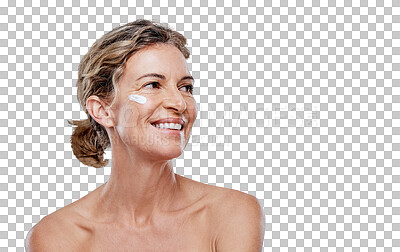 Buy stock photo Happy woman, smile and skincare cream on face in dermatology isolated on a transparent PNG background. Elderly female person or model smiling for anti aging lotion, skin creme or spa facial treatment