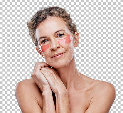 Buy stock photo Beauty, eye patch and senior woman face with dermatology and skincare isolated on a transparent, png background. Facial, senior person and gel treatment for anti aging and dermatology with wellness