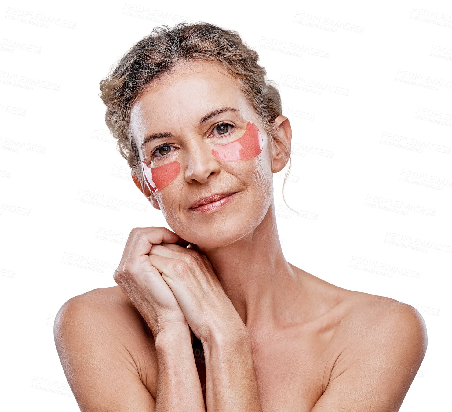 Buy stock photo Beauty, eye patch and senior woman face with dermatology and skincare isolated on a transparent, png background. Facial, senior person and gel treatment for anti aging and dermatology with wellness