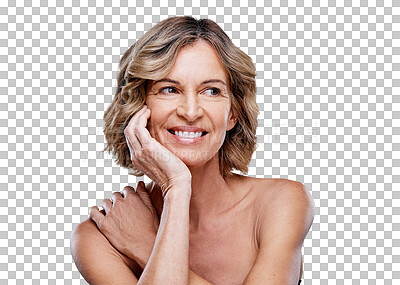 Buy stock photo Face, skincare and mature woman with anti aging, wrinkles and natural facial routine. Glow, wellness and senior female model with dermatology health treatment isolated by transparent png background.