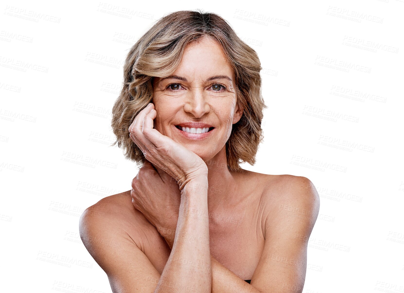 Buy stock photo Anti aging, skincare and face of a mature woman with wrinkles, natural and facial routine. Health portrait, wellness and female model with dermatology treatment isolated by transparent png background