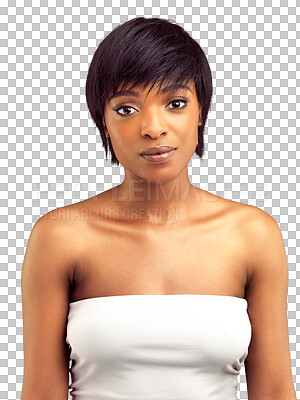 Buy stock photo Skincare, beauty and portrait of natural black woman on isolated, png and transparent background. Dermatology, salon and face of female person with cosmetics, makeup and facial treatment for wellness