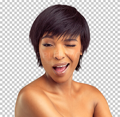 Buy stock photo Skincare, wink or face of black woman with beauty isolated on transparent png background. Hair care, flirty or portrait of sexy girl winking or flirting with natural cosmetics for facial treatment