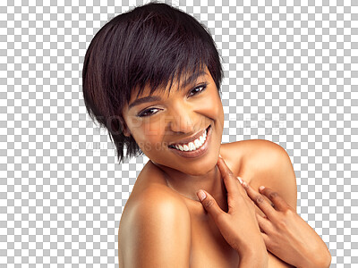 Buy stock photo Skincare, happy and portrait of a woman with wellness, health and natural face routine. Self care, happiness and African female model with dermatology treatment isolated by transparent png background