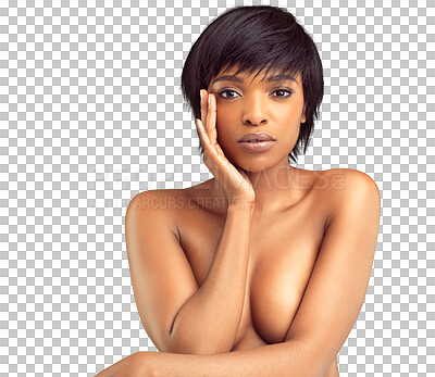 Buy stock photo Topless, beauty and black woman with natural skincare cosmetics isolated in a transparent or png background. Dermatology, skin and young female person with cosmetic, clean and glam face for wellness