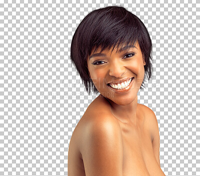 Buy stock photo Cosmetic, portrait and smile with african woman for care with png or transparent and isolated background. Dermatology, happiness and glowing skin with makeup for beauty or foundation or self love.