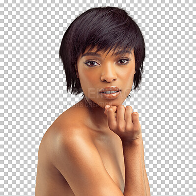 Buy stock photo Portrait, natural or serious black woman with beauty or skincare isolated on transparent png background. Dermatology, shine or African girl with facial cosmetics for self love or glowing face