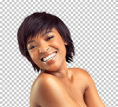 Buy stock photo Natural, portrait or funny black woman with self love or smile isolated on transparent png background. Dermatology, laughing or happy African girl with facial skincare cosmetics, face beauty or glow