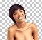 PNG studio portrait of a beautiful shirtless young woman laughing.