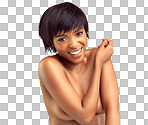 PNG studio portrait of a beautiful young shirtless woman laughing.