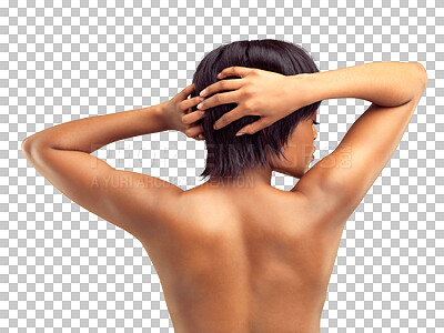 Buy stock photo Woman, back and hair beauty with washing and wellness isolated on a transparent, png background. African female person, hairstyle care and cleaning for skincare, hygiene and body health with wash