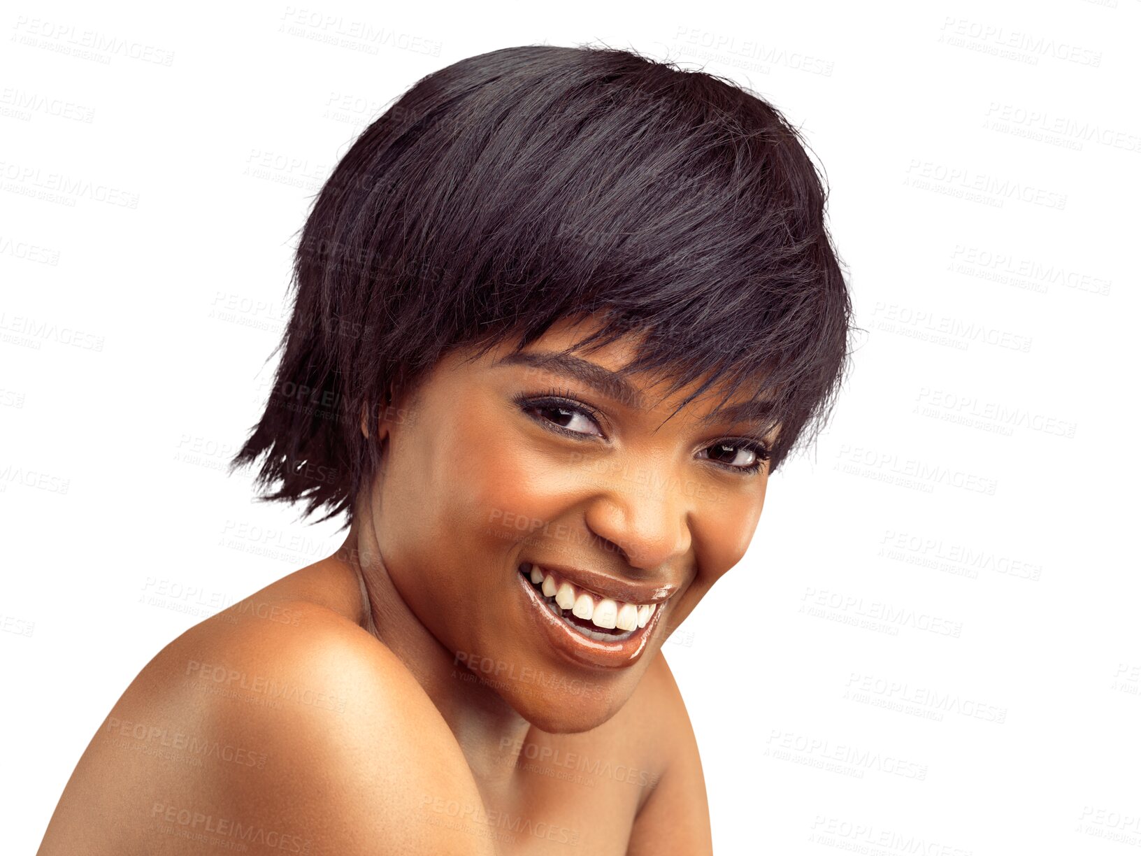 Buy stock photo Portrait, natural or face of black woman with skincare or smile isolated on transparent png background. Dermatology, naked or happy girl laughing with facial beauty for self love or natural wellness