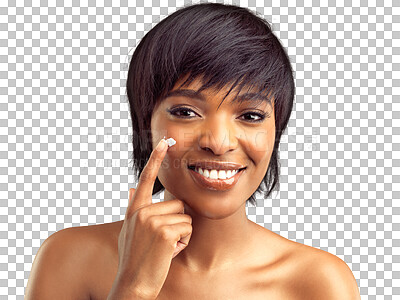 Buy stock photo Woman, natural beauty cream and smile portrait with care, wellness and dermatology of face. Facial, African female person and isolated on a transparent, png background with skin glow and lotion 