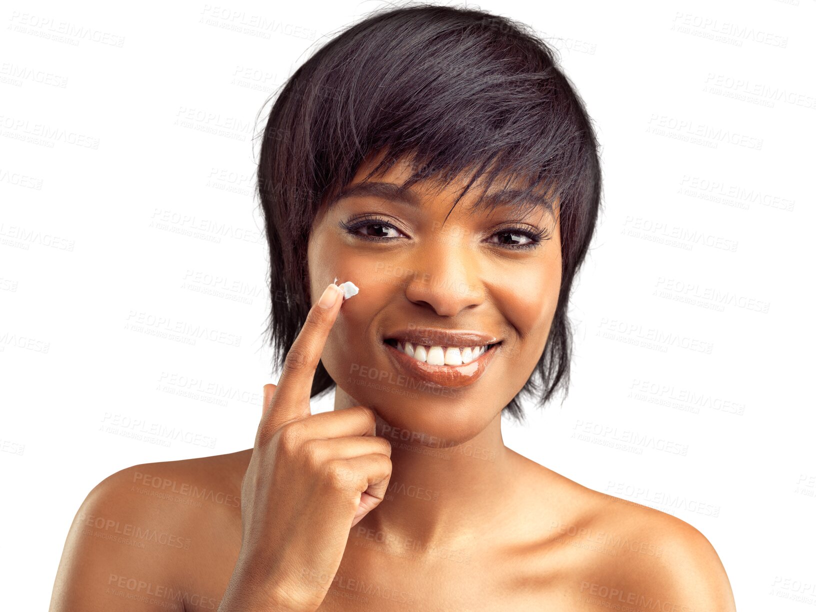 Buy stock photo Woman, natural beauty cream and smile portrait with care, wellness and dermatology of face. Facial, African female person and isolated on a transparent, png background with skin glow and lotion 