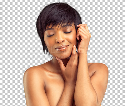 Buy stock photo Relax woman, natural beauty and portrait with skincare, wellness and dermatology of face. Facial, African female person and isolated on transparent, png background with skin glow and care treatment 