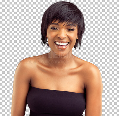 Buy stock photo Makeup, beauty and happy portrait of black woman with hairstyle isolated in a transparent or png background. Happiness, fashion and young female person with style, hair and cosmetic skincare