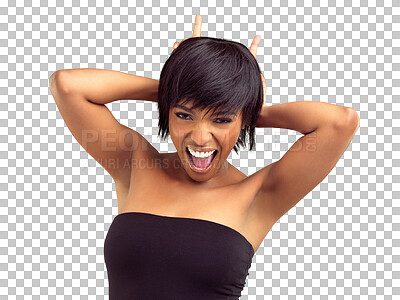 Buy stock photo Silly, hand horns and woman portrait with emoji and comedy sign for joke with a smile. Young, female person and happy face with isolated on a transparent, png background feeling funny and laughing