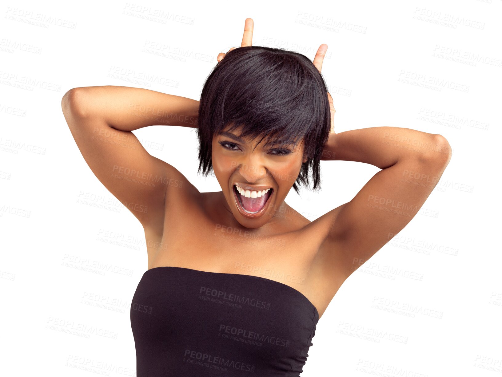 Buy stock photo Silly, hand horns and woman portrait with emoji and comedy sign for joke with a smile. Young, female person and happy face with isolated on a transparent, png background feeling funny and laughing