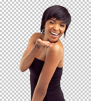 Buy stock photo Blowing kiss, happy and portrait of black woman on isolated, png and transparent background. Love, natural beauty and face of female person smile with kissing gesture for flirting, desire and fun