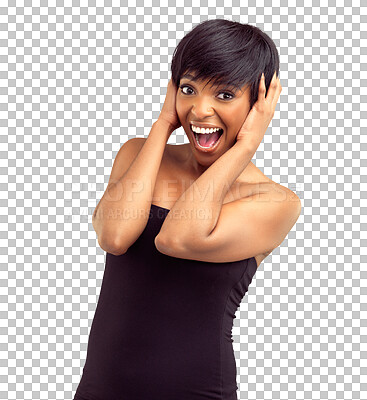 Buy stock photo Surprise, portrait and woman excited, scream and cheers for happy news, prize winning or competition reward win. Success achievement, wow deal or female winner isolated on transparent, png background