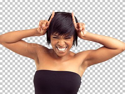 Buy stock photo Devil horns, hands and face of black woman on isolated, png and transparent background for evil sign. Attitude, finger on head and attractive female person with hand gesture for comic, emoji and icon