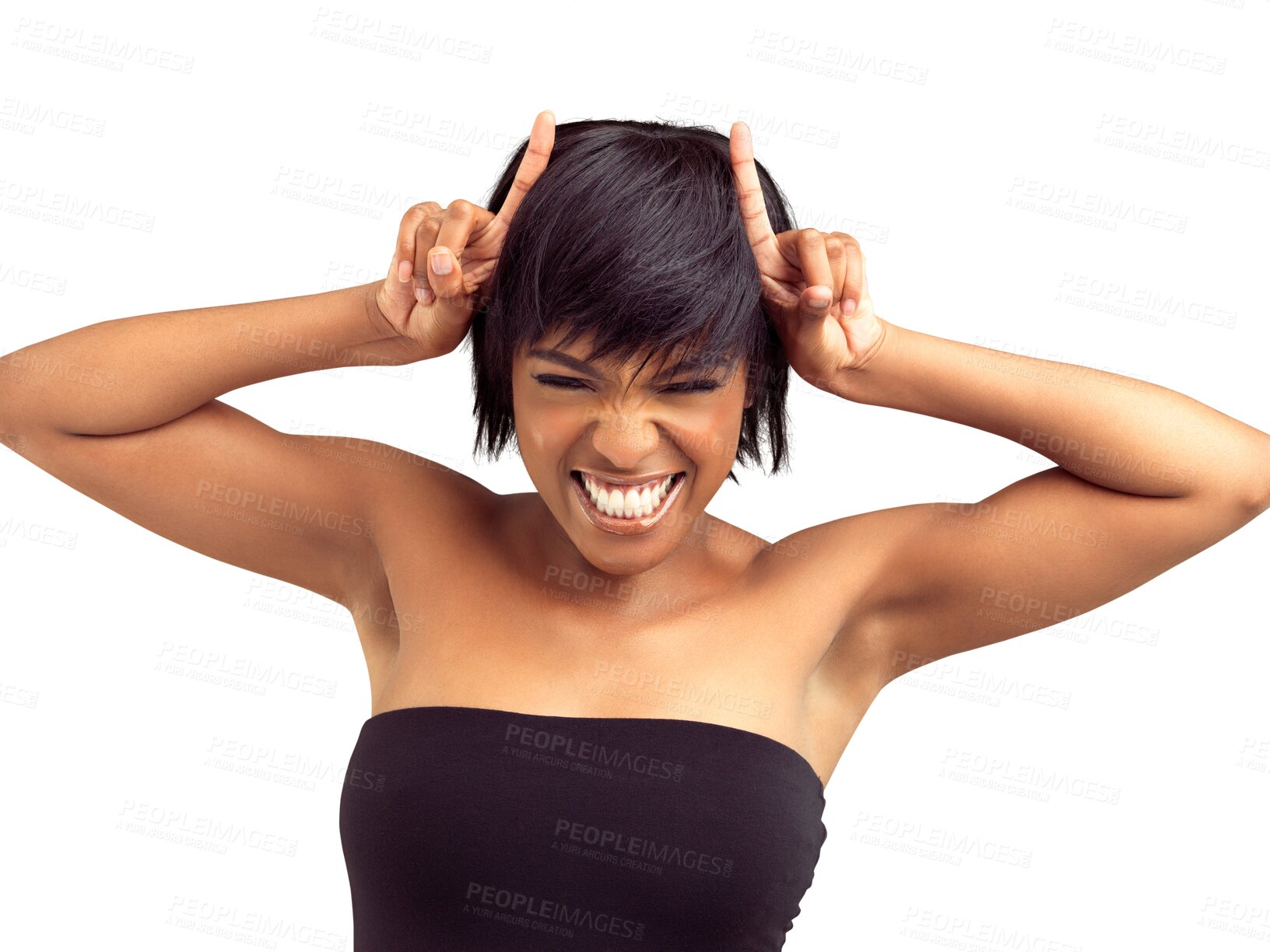 Buy stock photo Devil horns, hands and face of black woman on isolated, png and transparent background for evil sign. Attitude, finger on head and attractive female person with hand gesture for comic, emoji and icon