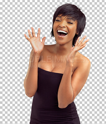 Buy stock photo Surprise, happiness and woman excited, scream and cheers for happy news, prize announcement or success notification. Achievement, winner celebration or person isolated on transparent, png background