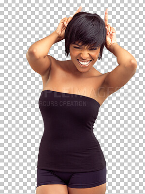 Buy stock photo Devil horn, happy and face of black woman on isolated, png and transparent background for evil sign. Attitude, fingers on head and attractive female person with hand gesture for comic, emoji and icon