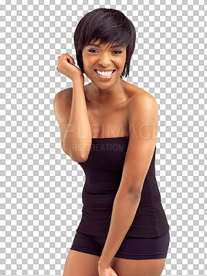 Buy stock photo Portrait, happiness and woman excited, smile and happy for relax clothes, fashion apparel or stylish look. Positive, satisfaction and African female person isolated on a transparent, png background