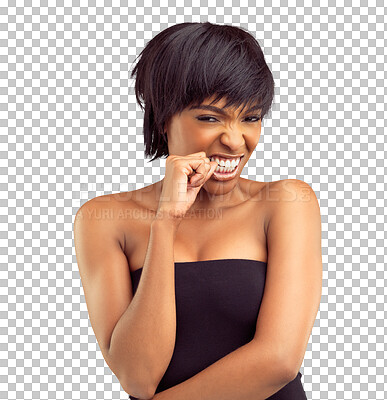 Buy stock photo Bite finger, sensual and portrait of black woman on isolated, png and transparent background. Love, natural beauty and face of female person with romantic gesture for flirting, desire and seduction