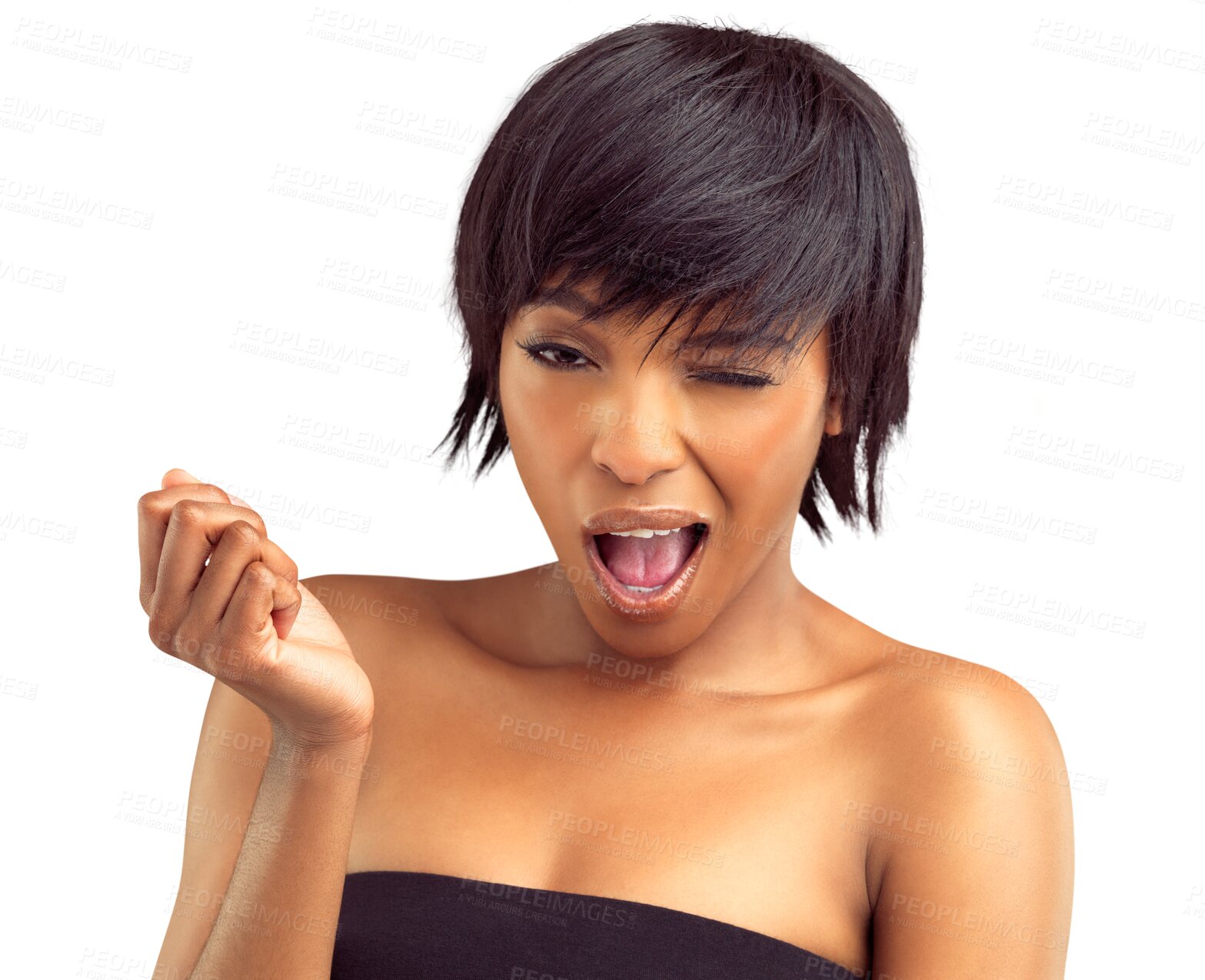 Buy stock photo Wink, sensual and portrait of black woman flirting on isolated, png and transparent background. Love, natural beauty and face of female person with romantic gesture for alluring, desire and seduction